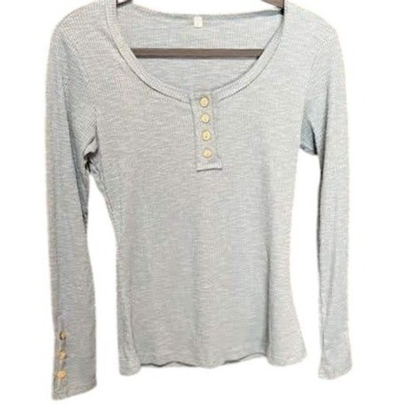 Source Unknown Tops - Womens Blue Long Sleeve Top Henley T Shirt Casual Button Ribbed Knit Blouse‎
